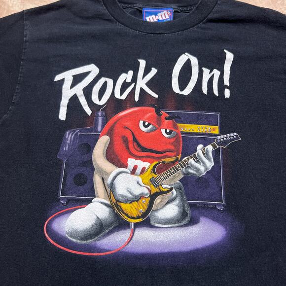 M&Ms Rock On Novelty T-Shirt Black Graphic Tee Rockstar Guitar Youth M Candy Y2K - Picture 2 of 7
